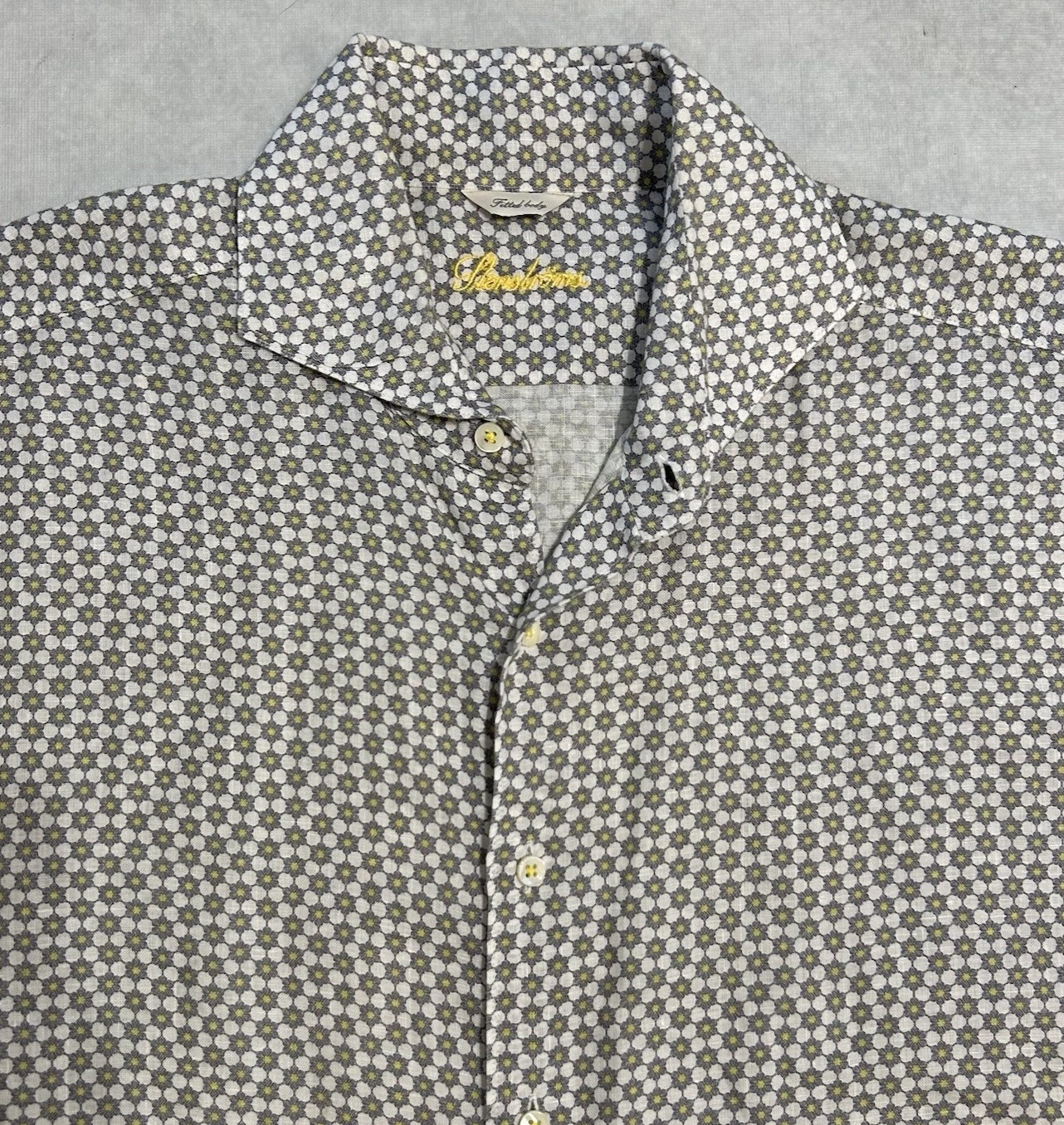 Stenstroms Button Up Shirt Mens L Fitted Body 100% Linen Long Sleeve Yellow Blue