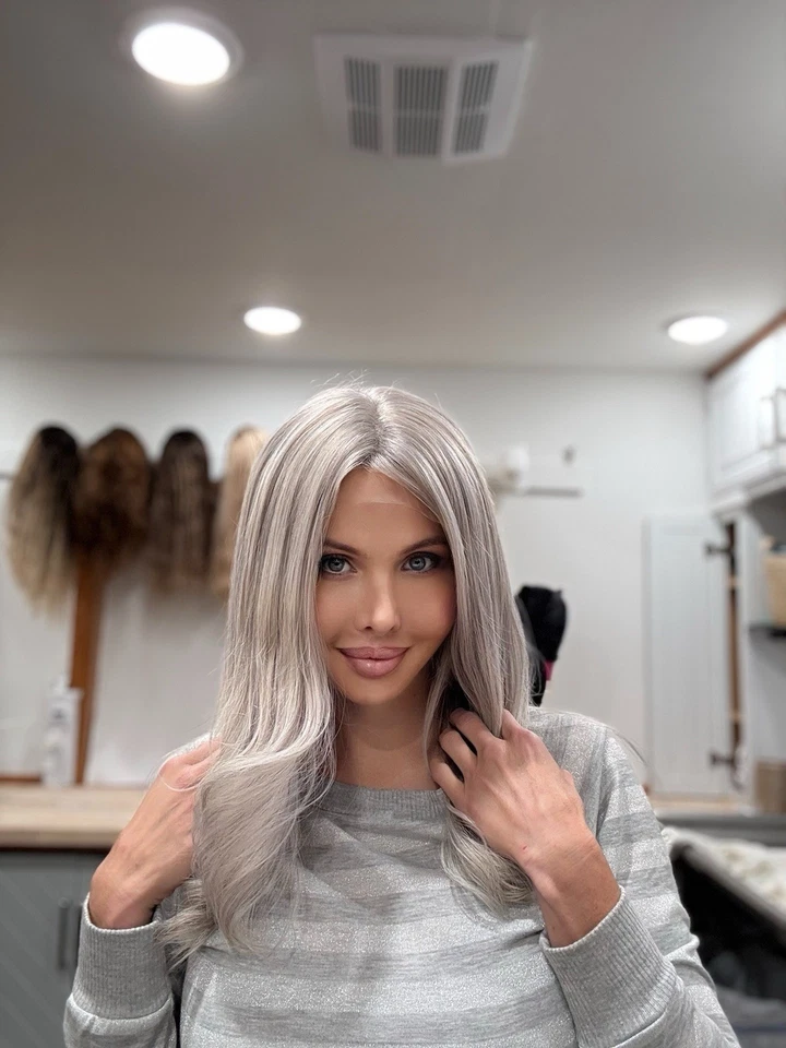 Peluca 100 % cabello humano atada a mano/encaje completo gris 18" mediana plateada blanca Foto 2 de 4