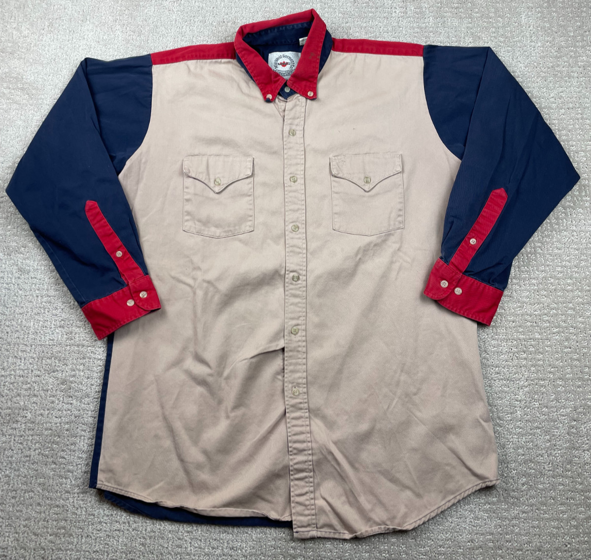 Vintage Midwest Garment Co Shirt Mens 15.5 XL Beige Blue Red Button Down Western