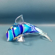 Hand Blown Art Glass 6" Long Blue/White Swirl Dolphin Paperweight Figurine