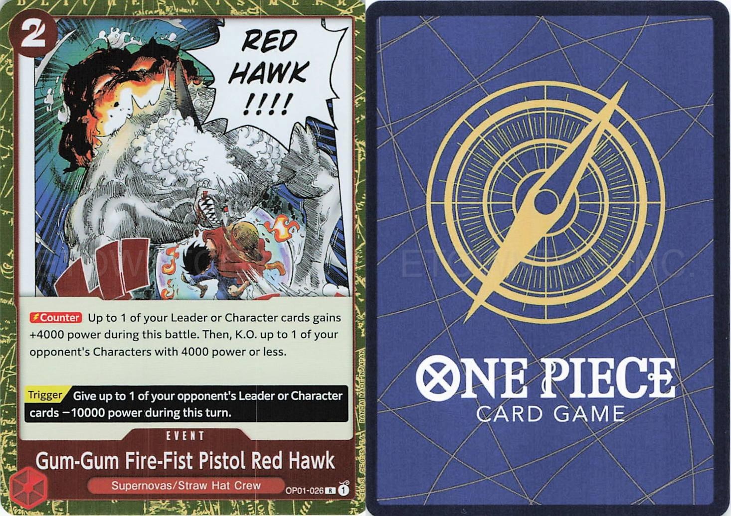 GUM-GUM FIRE-FIST PISTOL RED HAWK OP01-026 RARE ROMANCE DAWN ONE PIECE FOIL NM/M