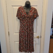 Chaps Midi Dress M Bias Cut Short Flutter Sleeve Retro Polka Dot Print V-Neck