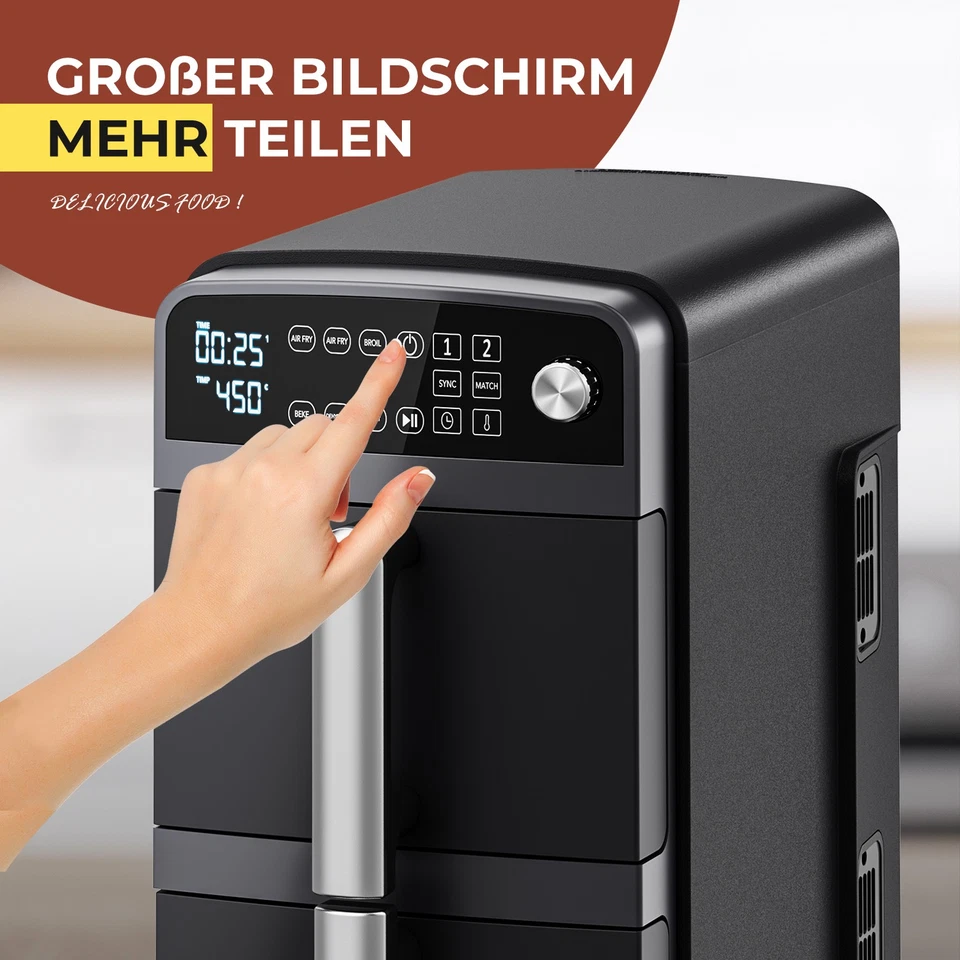 10L Doppel Heißluftfritteuse 2400W mit 2 Schubladen 6 Programmen| Fettarm Kochen - Bild 3 von 4