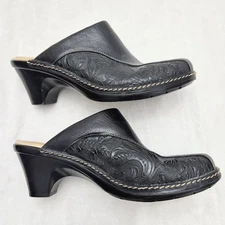 Sofft Mule Shoes Womens 7.5 M Black Leather Tooled Closed Toe Cone Heels Casual