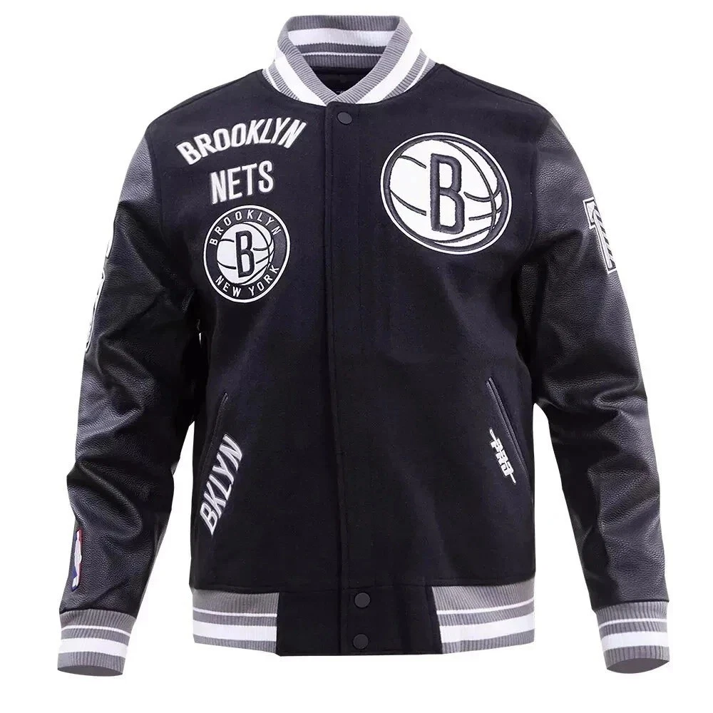 NBA Brooklyn Nets Basketball Varsity Jacket Wool & Leather Bomber Style Coat image 1