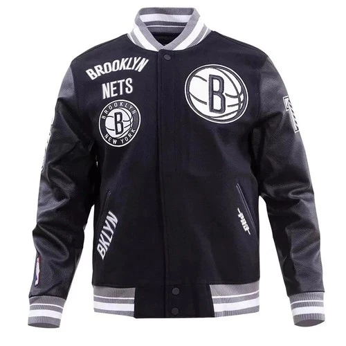 NBA Brooklyn Nets Basketball Varsity Jacket Wool & Leather Bomber Style Coat - product listing photo