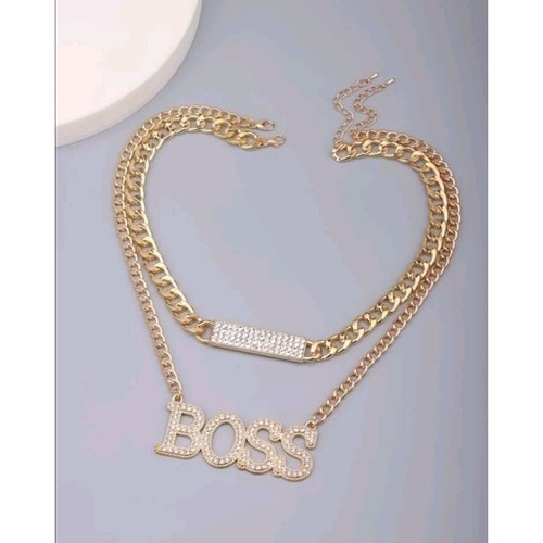 Women Iced BOSS Cubic Zirconia Pendant Gold Plated Cuban Choker Chain Necklace - Picture 3 of 4