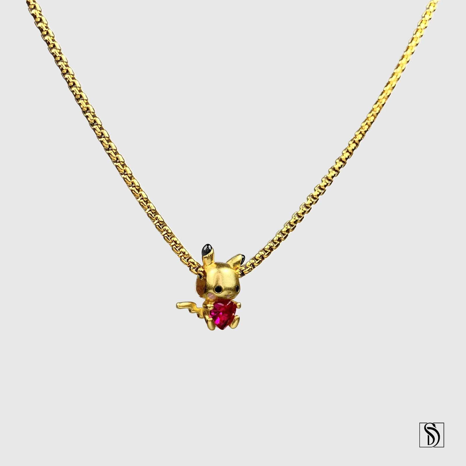 Collier pendentif charme cœur en cristal Pikachu   chaîne boîte en acier inoxydable 18K