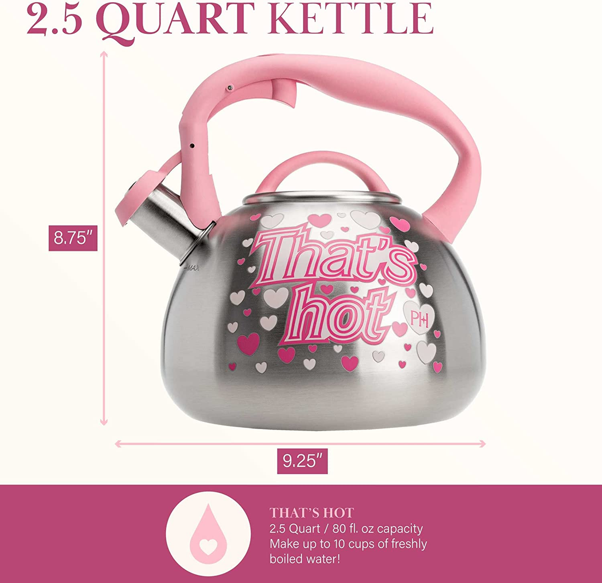 Paris Hilton Pfeifkessel Aus Edelstahl – 2,5 Quart (ca. 2,4 L) Mit Schillerndem Herz-Design | Für Gas- & Elektroherde, Kühler Griff