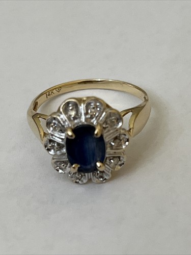 ❤️ ANELLO VINTAGE ORO 14k e vero zaffiro & diamante con marchio interno f taglia 7 - Foto 3 di 4