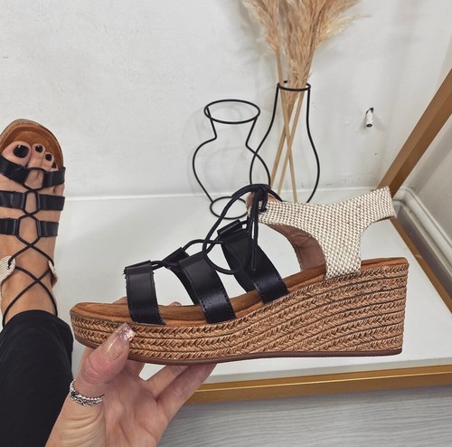 Womens Ladies Black Cork Hessian Low Wedge Wedges Shoes Lace Up