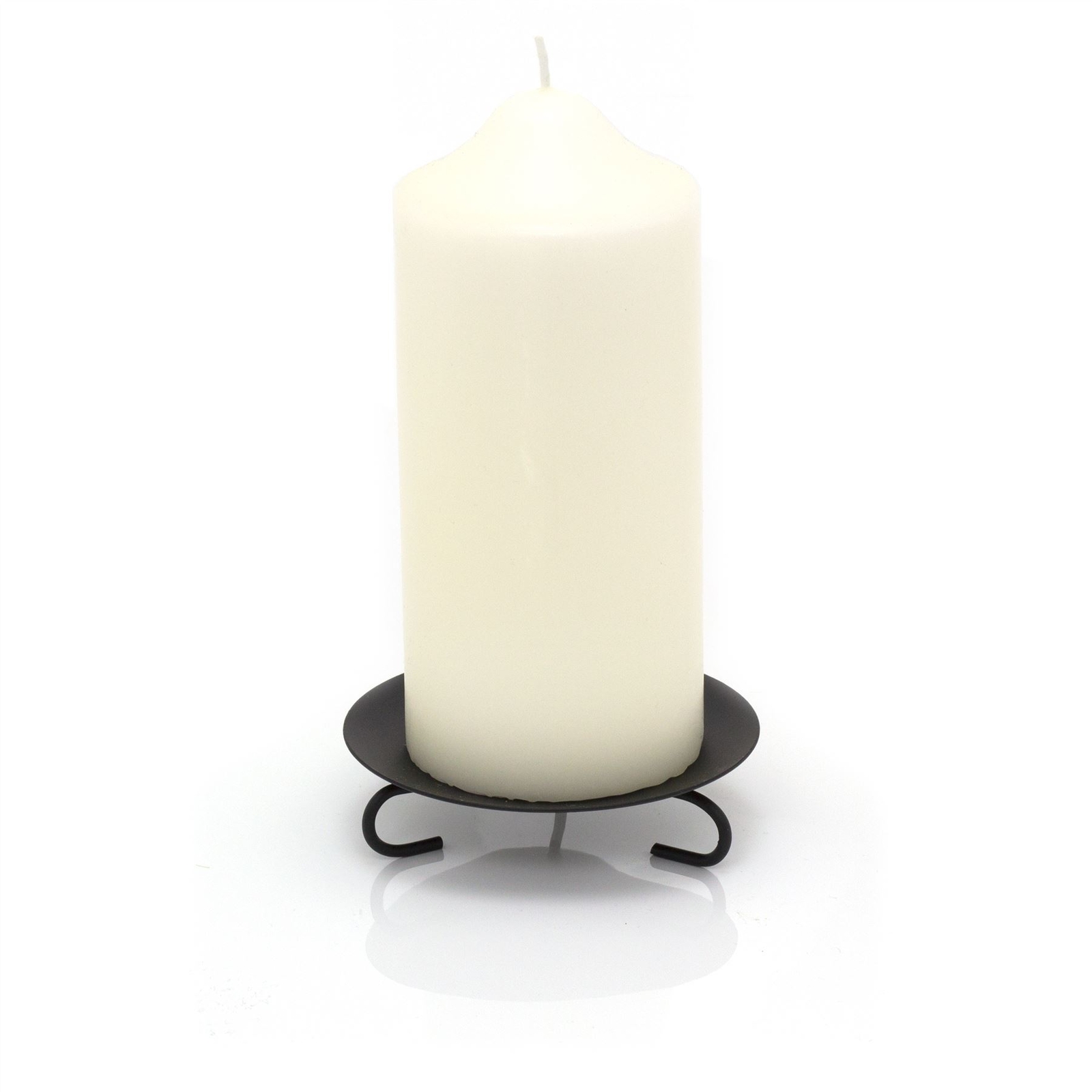 Pillar Candle and Holder | 2 Piece Black Metal Candle Plate and Ivory Candle
