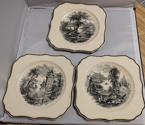 3 Vintage Royal Doulton Creamware Schwarz Transfer Quadratisch Teller Pastoralszenen  - Bild 1 von 13