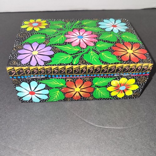 Folk Art Hinged Wood Box Hand painted Floral Trinket Jewelry 6x4x2.7 Inches