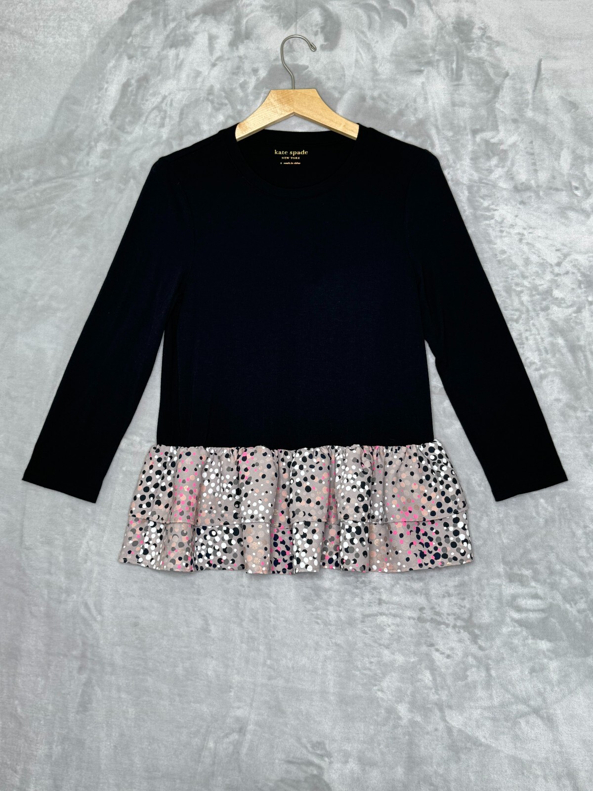 Top Kate Spade donna piccolo nero maglia volant pois peplo manica lunga