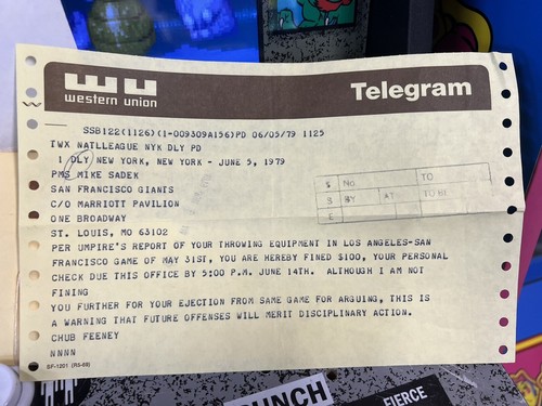 June 1979 SF Giants Mike Sadek Chub Feeney Telegram & MLBPA Letter for $100 Fine - Picture 2 of 6
