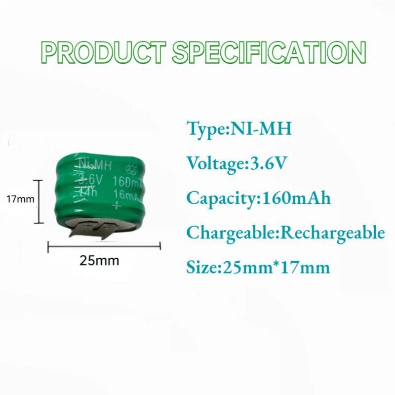 2PCS 3.6V Rechargeable 160MAH Battery Ni-MH With 2 Pins/Tabs For PLC Data Backup - Image 2 of 4