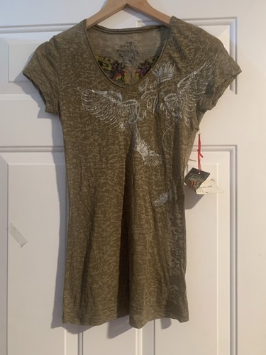 T-shirt donna In Vein ali di angelo ulivo aderente con strass trasparente - S - Foto 2 di 4