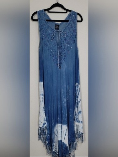 Vintage Ace Fashion Tie Dye Swim Coverup Dress One Size Beaded Boho Festival - Image 1