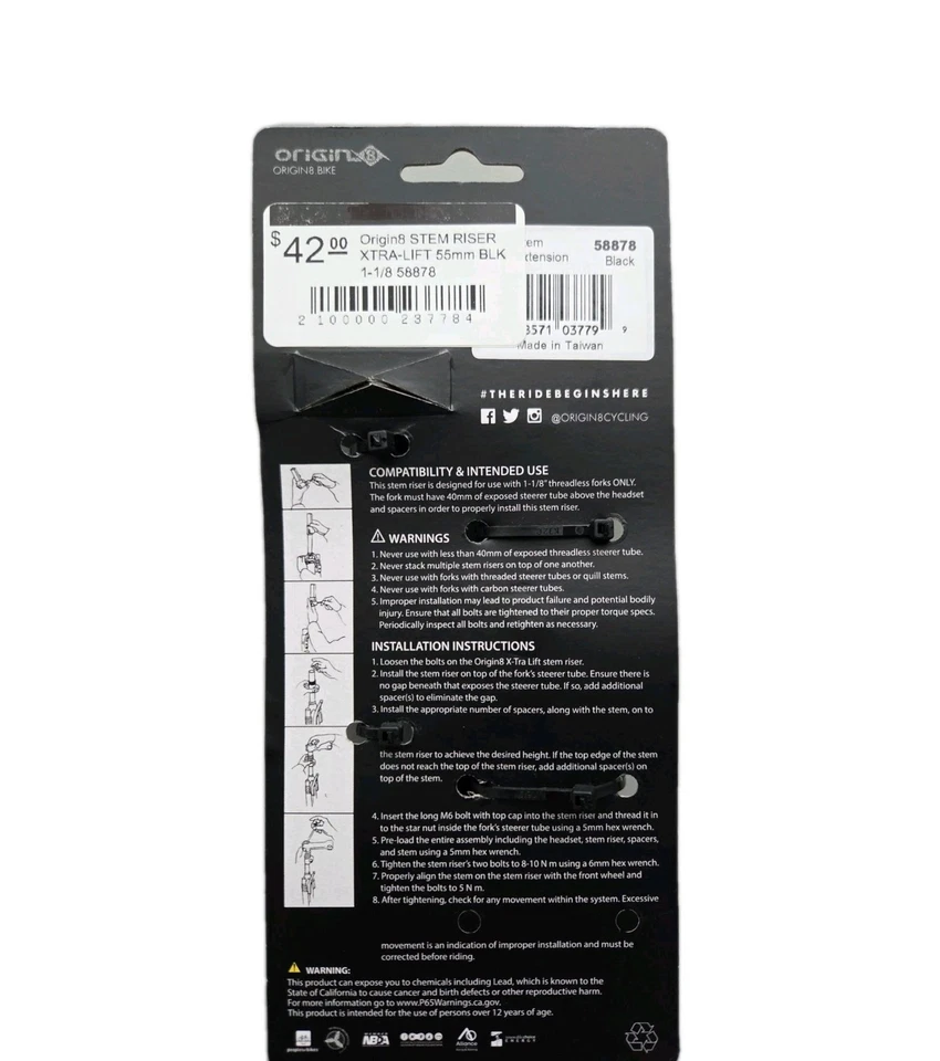 Origin8 STEM RISER  XTRA-LIFT 55mm 1-1/8 Black 58878 - Image 3 of 3