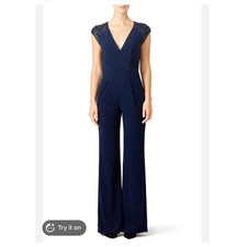 Halston Heritage RI Navy Blue Sequin Cap Sleeve Wide Leg Jumpsuit Size 8