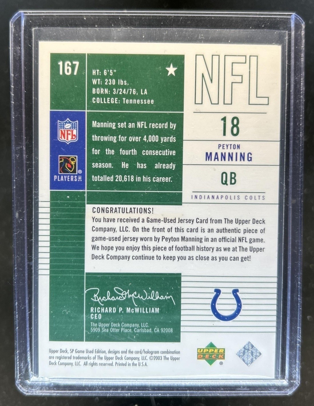 2003 SP Game Used Peyton Manning Jersey #167 Colts view 2