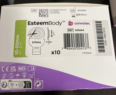 1 Box of 10 Convatec Esteem Body One Piece Drainable Pouch Ostomy  Ref # 423664