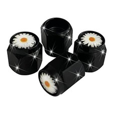 Daisy Flower Tire Valve Stem Caps Cover, 4 Pcs Metal Black Air White Daisy
