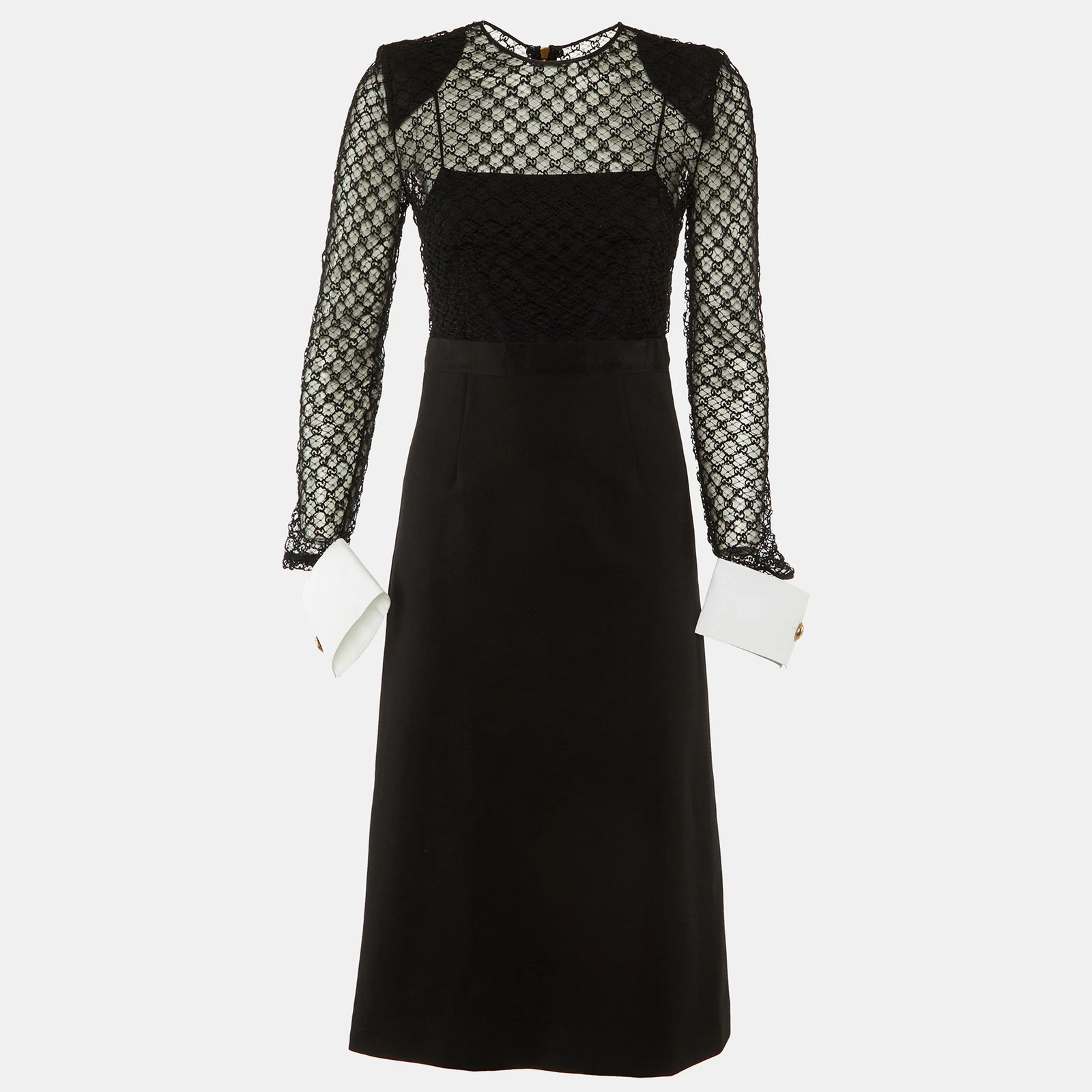 Robe midi Gucci noire GG Supreme dentelle et tricot poignets amovibles S