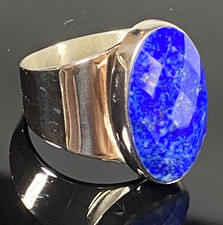 925 Sterling Silver Lapis Lazuli Oval Cut Faceted Stone Ring - Sz 8 / 8.6g / DTR