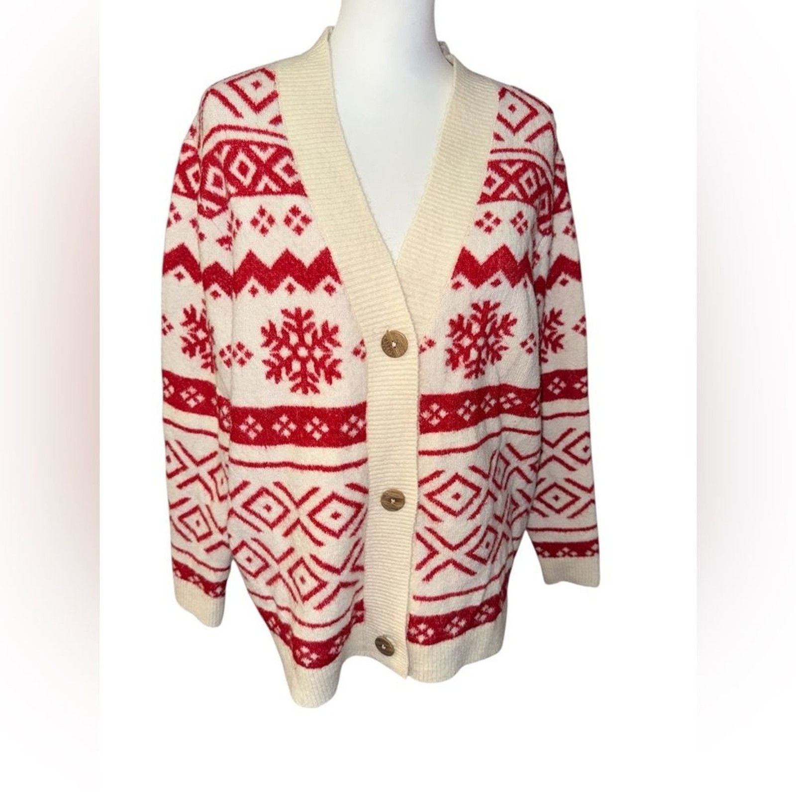 Red and white fair isle button-front cardigan Nordic knit pattern snowflake XL