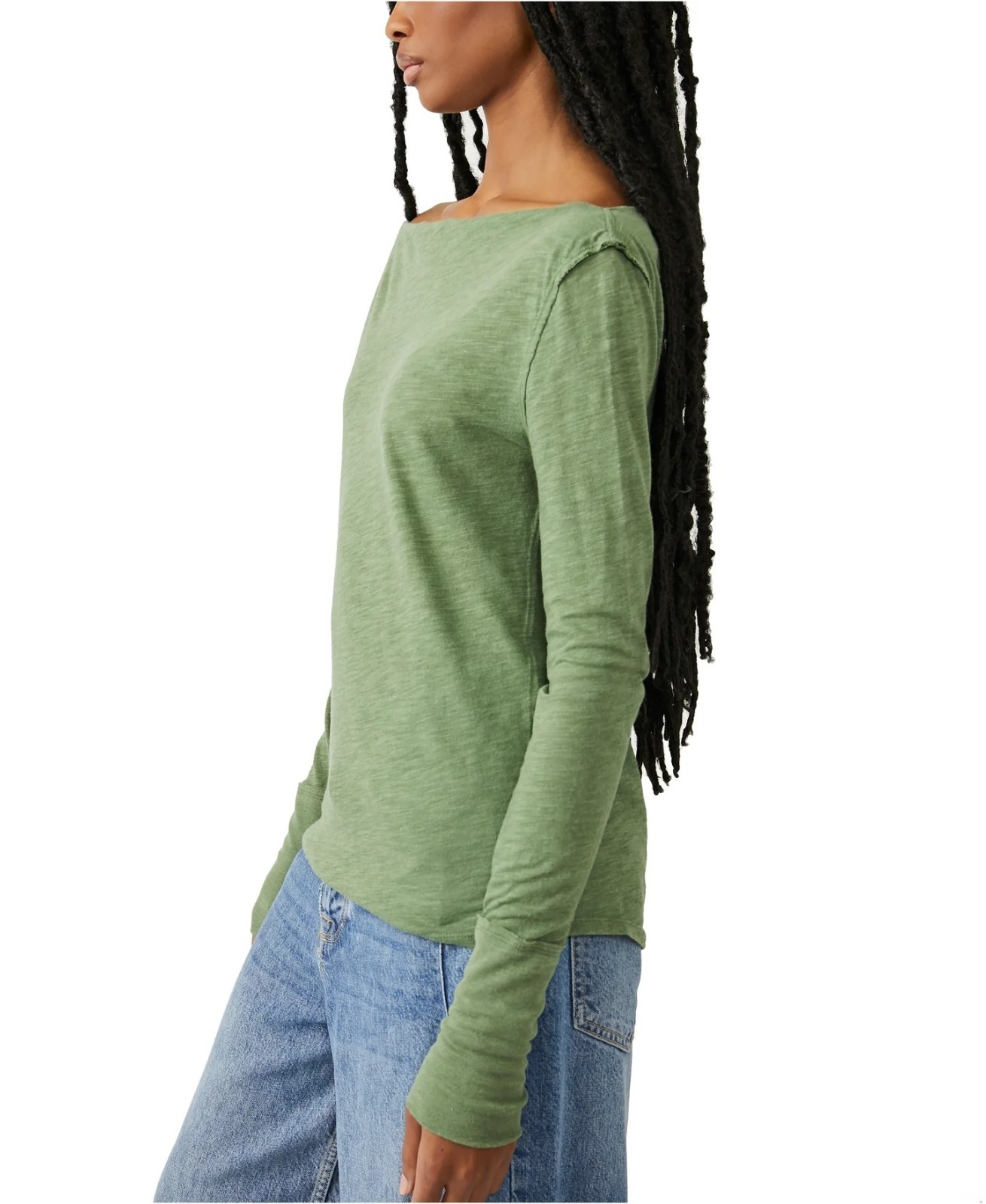 WE THE FREE Kimmi Tee Sz S Green Bee Raglan Sleeve Boat Neck Slub Cotton Blend