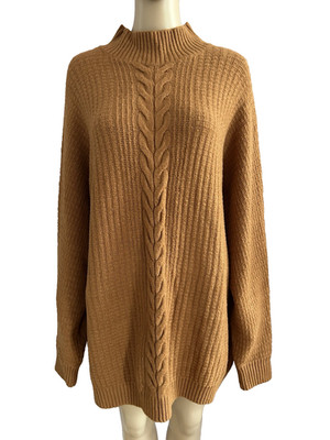 THOUGHT Longpullover Pullover Bio-Baumwollmischung Zopfmuster hellbraun LARGE neu mit Etikett