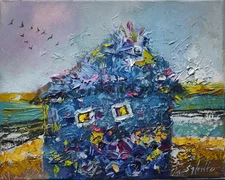 Original oil painting 8"x10" Abstraction, Contemporary Art, House, Flowers, sea