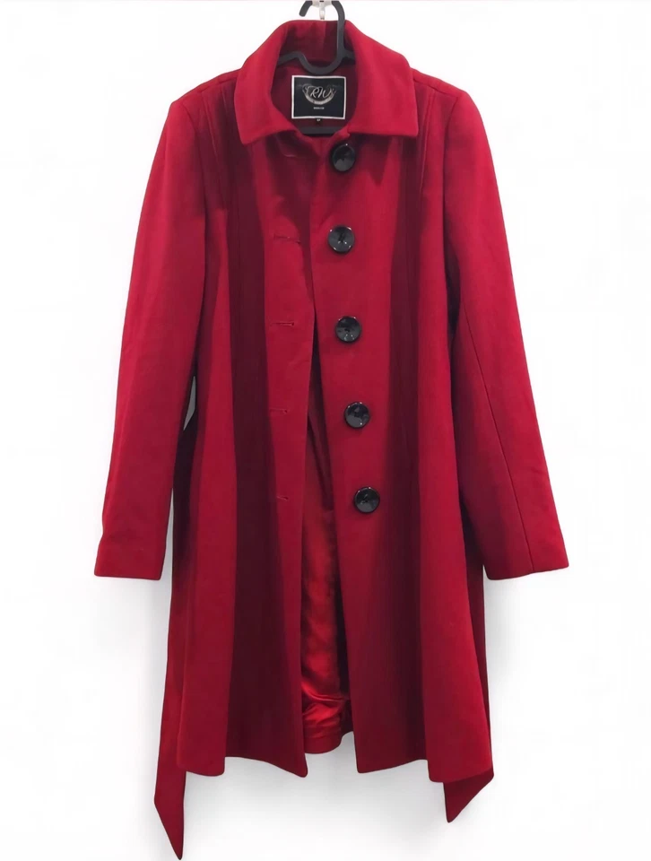 RW&CO Elegant 60%Wool-Blend Tailored Pleats Wide Belt Red Coat - Image 3 of 4