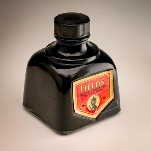 Rare Vintage Field’s Black Stamp Ink Bottle Full + Label Embossed Field’s Ink - Bild 2 von 8