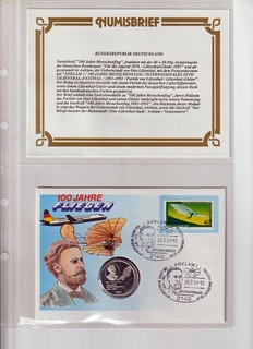 BRD 1991 Sonderstempel Numisbrief 40 Lilienthal Gleiter Anklam 100 Jahre Fliegen