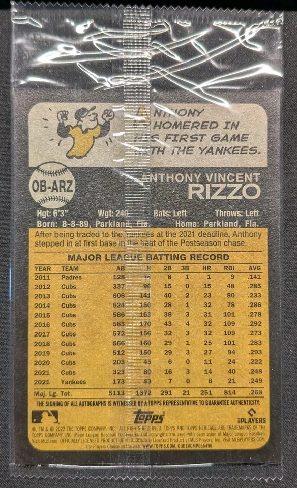 2022 Topps Heritage Anthony Rizzo 1973 Boxloader Auto #OB- ARZ New York Yankees - Image 2 of 2