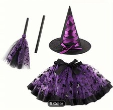 Purple Black Witch Costume Set Halloween Mesh Skirt Hat Broom Elastic