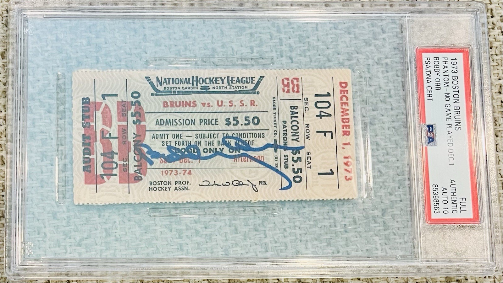 Bobby Orr Autographed Signed Boston Bruins 1973 Ticket Vs Russia GEM Mint 10 Auto PSA/DNA 