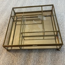 Vintage floral etched jewelry box trinket glass  brass jewelry 6 1/2" square