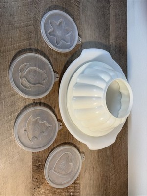 Vintage JEL-N-SERV Tupperware White Jello Mold w/4 Designs, Lid, Server Gelatin