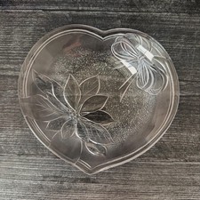 Vintage Mikasa Heart Bon Bon Dish: Frosted Poinsettia Glass Candy Bowl (w/ box)