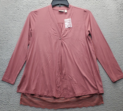 LOGO by Lori Goldstein Blouse Top Womens 2XS Pink Lace Trim Hem One Button Front