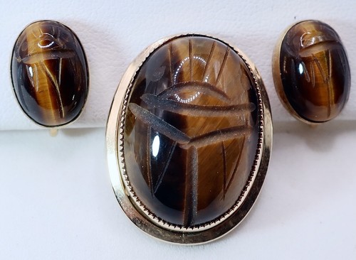 Vintage Catamore Carved Scarab Beetle Tiger's Eye 12K GF Pin & Screw Earrings