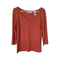 Liz Claiborne First Issue Sweater Women Medium Orange Coral Vneck Vintage NWT