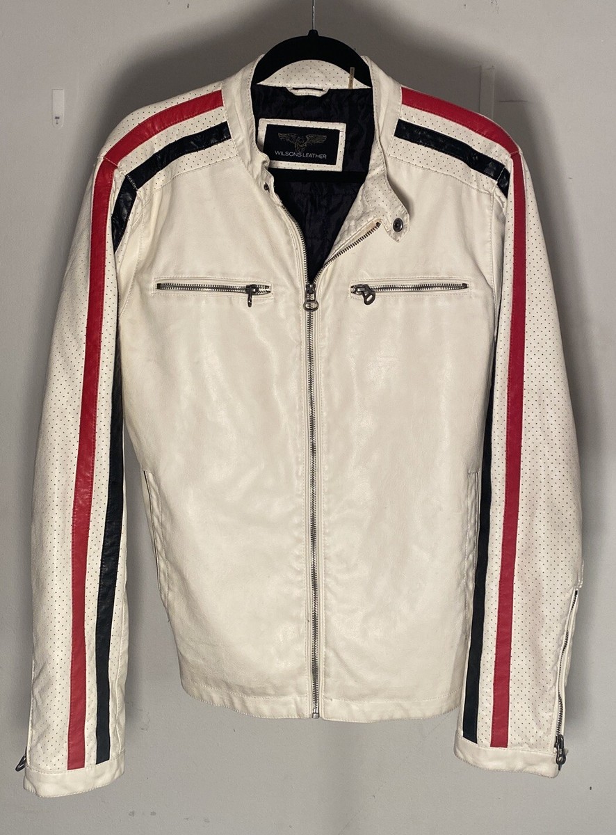 VTG WILSONS LEATHER Motorcycle Jacket White Black Red Medium VTG WILSONS LEATHER Motorcycle Jacket White Black Red Medium