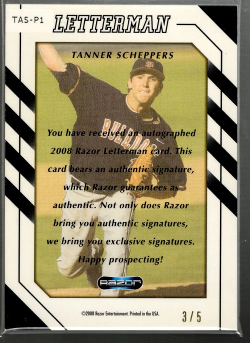 B0019- 2008 Razor Letterman 5 #TASP1 Tanner Scheppers AUTO /5 - NM-MT AUTOGRAPH - Image 2 of 2