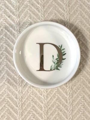 Monogram Initial Trinket Dish Gold Foil with Greenery  D  3.75  Diameter