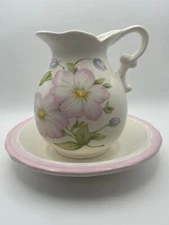 Vintage 6 inch miniature wash pitcher and basin, vase, Japan, glazed pottery